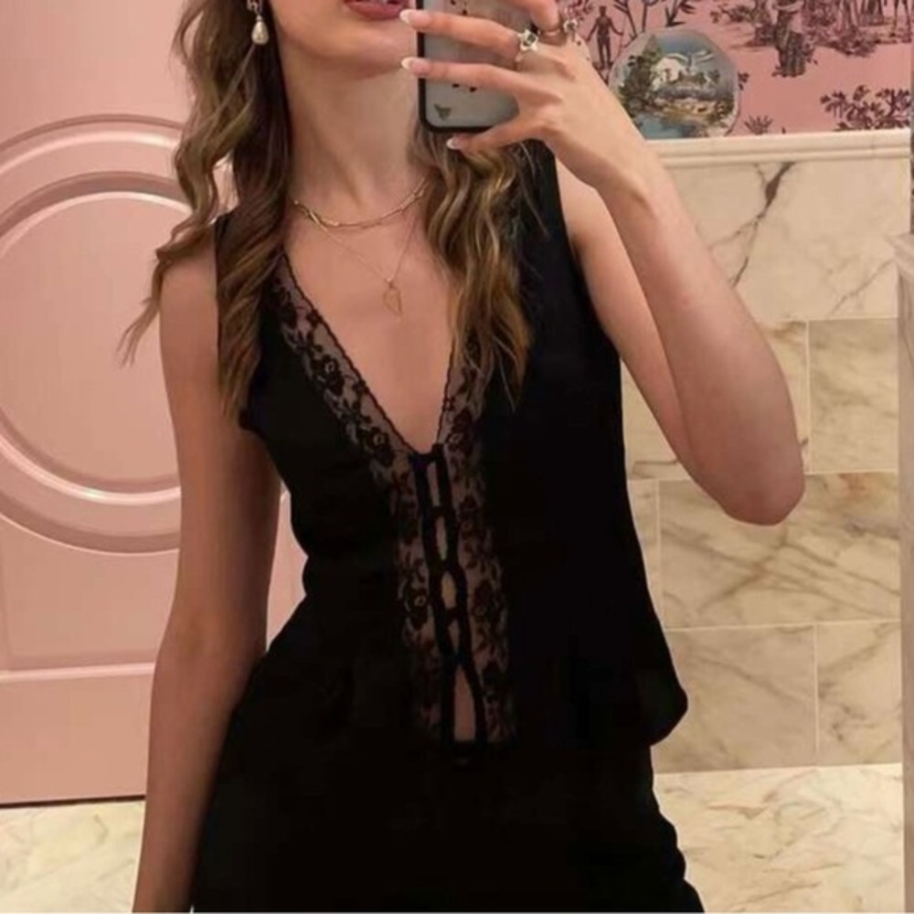 New Reformation Cristina Lace French Top Black Vest